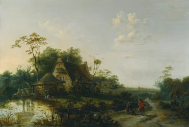 Landschaft mit Figuren, die an einem Häuschen und einem Teich vorbeigehen